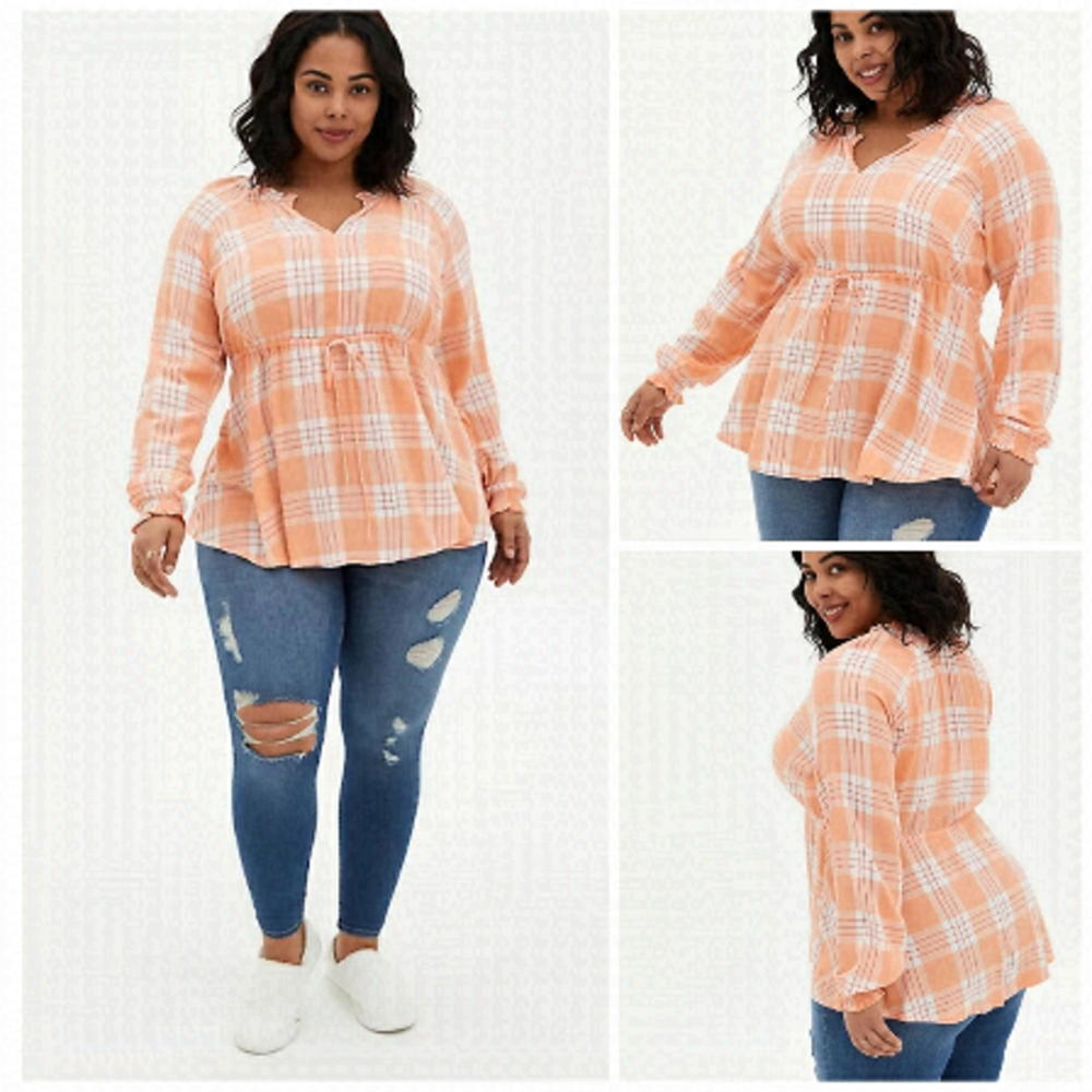 TORRID Peach Plaid gauze top size 2X